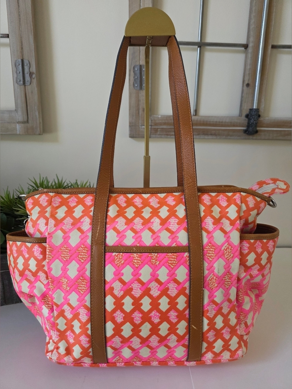 Rebecca Minkoff Neon Marissa Diaper Bag Tote Coated Canvas Pink Orange Crossbody - Picture 4 of 14